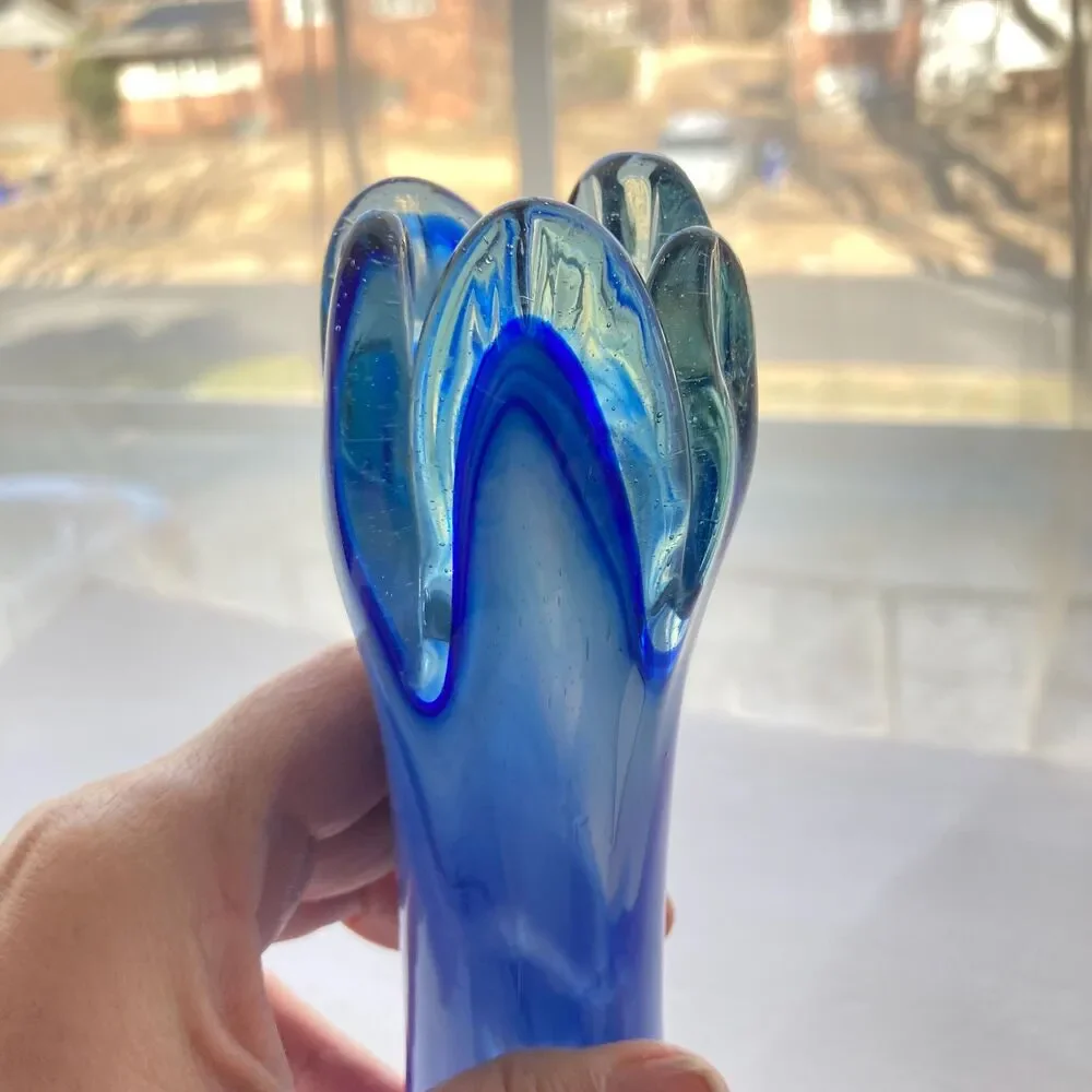 Vintage 5 Finger Blue White Swirl Swung Vase Art Glass Bud Vase Glass 8 inches